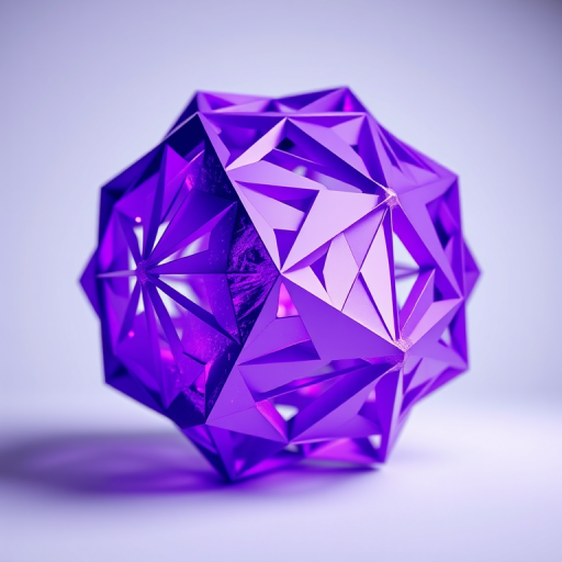 3D abstract purple geometric shape with intricate patterns and sharp edges, studio lighting, 50mm lens, f/8 aperture, ISO 100, rendered in high resolution with soft focus background, dynamic angle view.