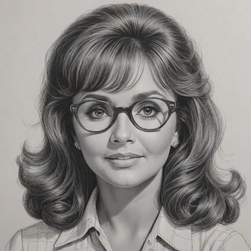Wonderful Dawn Wells, pencil sketch, portrait of Pleasing woman 1960s in glasses, hair style beatnik, outline, clear lines, fine lines, 8k