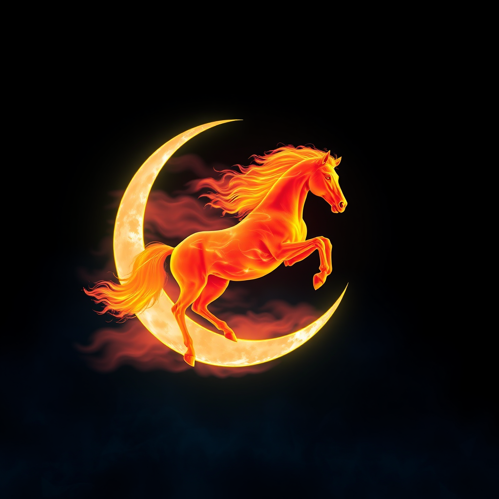 Create a vibrant and ethereal image of a horse made of flames and swirling colors jumping through a crescent moon, captured with a Canon EOS R5 at f/1.8, ISO 100, 50mm lens, using a long exposure setting for dynamic motion blur and enhanced color saturation.