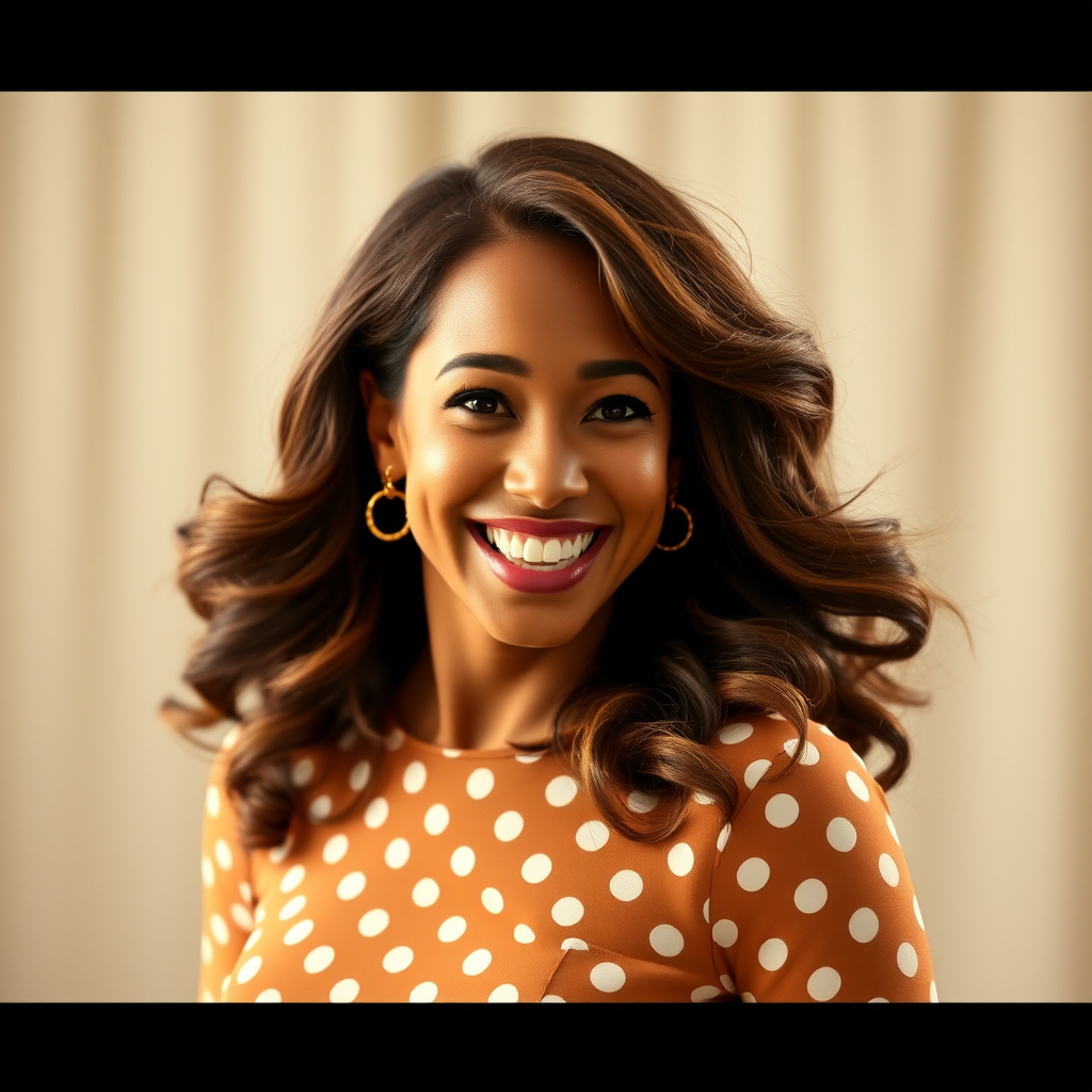 Radiant depiction of Kamala Harris, Pretty Woman's charming lead, with her megawatt smile and flowing chestnut hair, twirling in a polka dot dress