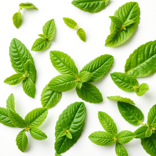 fresh mint leaves arranged on a white background, macro view, natural lighting, f/2.8 aperture, 50mm lens, DSLR camera, high-resolution image