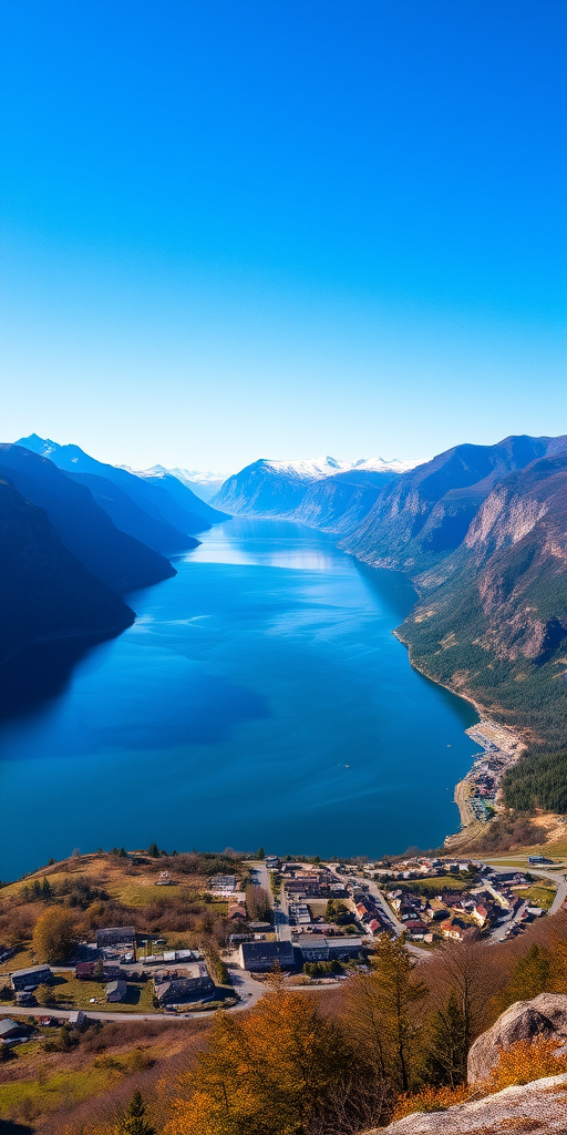 Generate a high-resolution landscape image of a breathtaking fjord surrounded by majestic mountains under a clear blue sky, with a serene village in the foreground, using a DSLR camera, 24mm lens, aperture f/8, ISO 100, and a polarizing filter for vibrant colors and enhanced contrast.