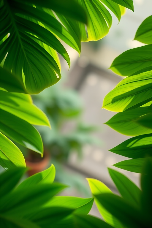 create a vibrant frame of lush green tropical leaves with a soft blur background, 50mm lens, f/2.8 aperture, ISO 100, natural light, overhead view, DSLR camera