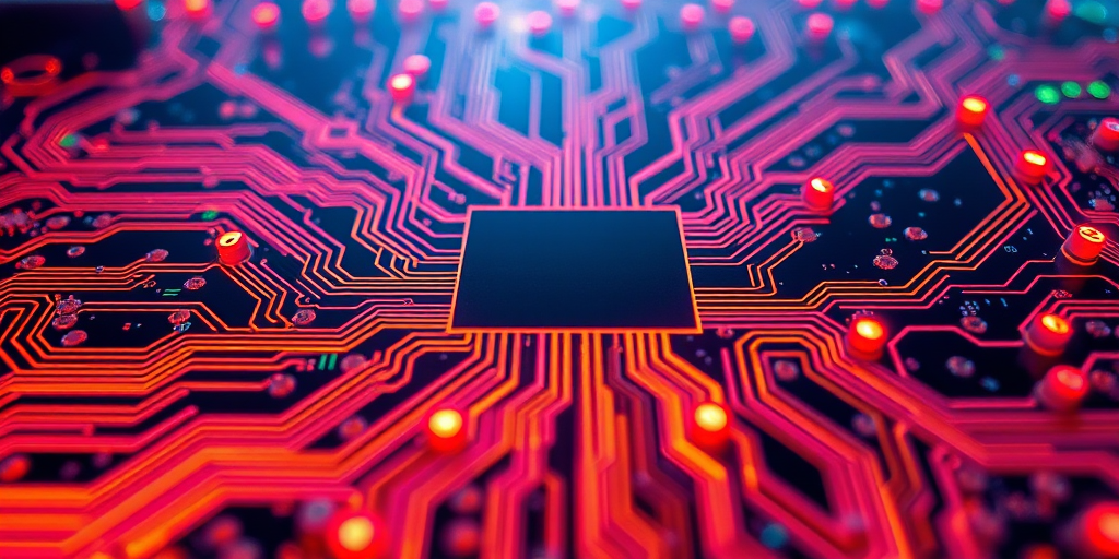 Create a vibrant abstract image of a circuit board with intricate paths and colorful neon circuits converging towards a central void, captured with a DSLR camera at 50mm focal length, f/1.8 aperture, ISO 100, using a macro lens for sharp detail and a wide-angle perspective for depth enhancement.