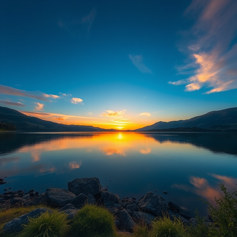 Create a high-resolution image of a serene landscape featuring a sunrise over a tranquil lake surrounded by lush greenery and distant mountains, using a Canon EOS R5 with a 24-70mm lens at f/8, ISO 100, 1/125 sec, shot from a low angle to emphasize the reflection in the water and the vibrant colors of the sky.