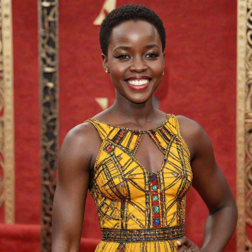 Captivating image of Lupita Nyong'o, star of "12 Years a Slave" and "Black Panther," featuring her radiant smile, flawless skin, and short natural hair, adorned with intricate beaded jewelry, wearing a vibrant yellow dress with African-inspired patterns, standing on a red carpet.