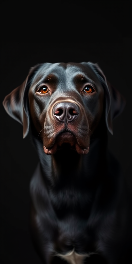 Create a high-resolution portrait of a black Labrador retriever's head against a dark background, using a DSLR camera with a 50mm f/1.8 lens, aperture set to f/2.8, shutter speed at 1/200 sec, ISO 100, soft natural lighting to highlight the dog's features, shot at eye level.