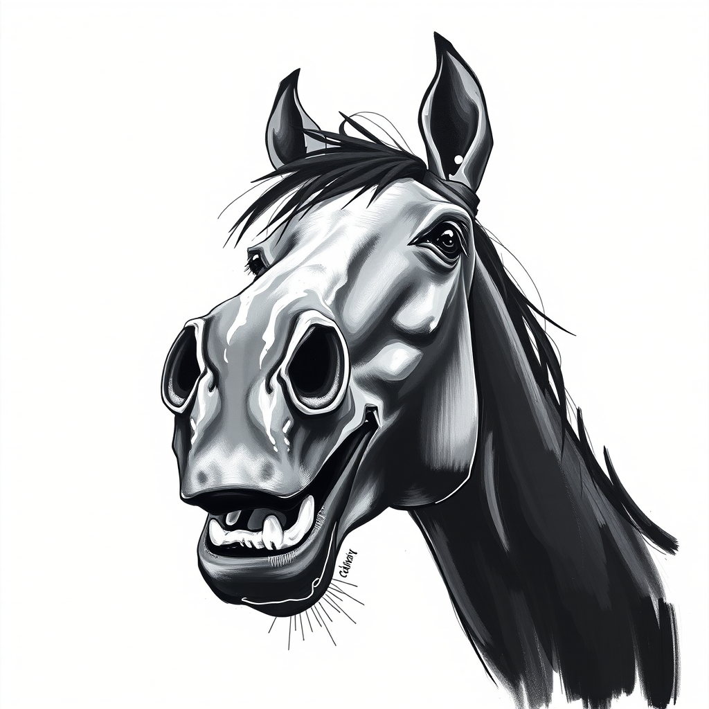 Abstract black and white acrylic portrait of an over exaggerated laughing (horse). Minimalism style. White background.