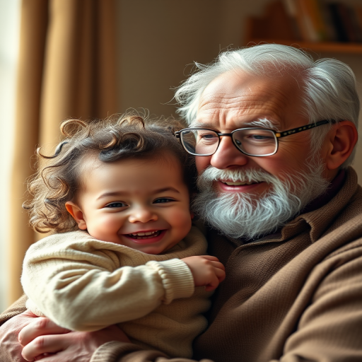 Create a hyper-realistic portrait of a wise elderly man with a white beard and glasses holding a joyful toddler with curly hair, warm lighting, soft focus, 85mm lens, f/1.8 aperture, ISO 100, natural light, and shallow depth of field to enhance details and textures.