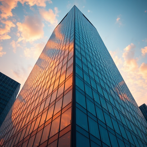 high-angle shot of a modern glass skyscraper with a focus on its corner detailing during sunset, ISO 100, aperture f/8, shutter speed 1/200s, using a DSLR camera with a wide-angle lens