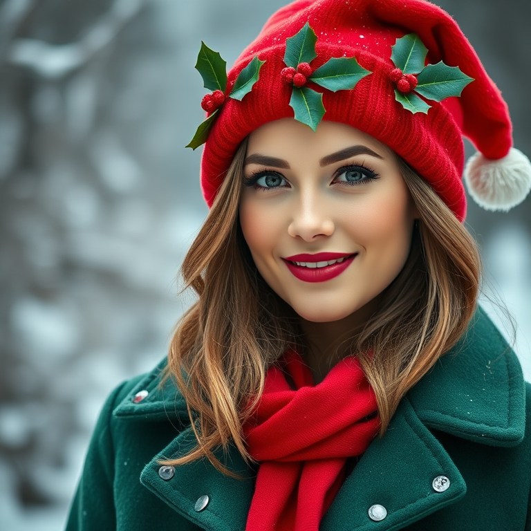 generate a portrait of a woman in a festive red hat decorated with holly, wearing a green coat and a red scarf, with a snowy background, using a Canon EOS R5 camera, 85mm f/1.2 lens, aperture f/2.8, ISO 100, and soft diffused lighting to enhance image quality and detail.