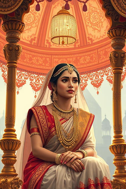 Generate a detailed illustration of a traditional Indian woman in ornate attire sitting under an intricate canopy, using a DSLR camera with a 50mm lens at f/1.8, ISO 100, capturing a close-up view with soft lighting to enhance the textures and gold accents.
