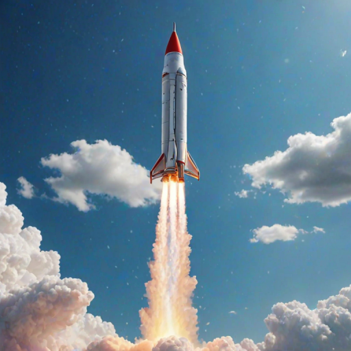generate an image of a colorful rocket ascending into a bright blue sky with light clouds and subtle rain effects