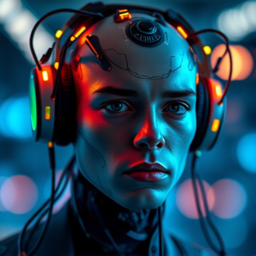 portrait of a futuristic cyborg with a network of wires emanating from its head, wearing glowing headphones, dramatic lighting with a blend of blue and orange, sharp focus, DSLR camera, 85mm lens, f/1.8 aperture, ISO 100, high dynamic range, soft bokeh background