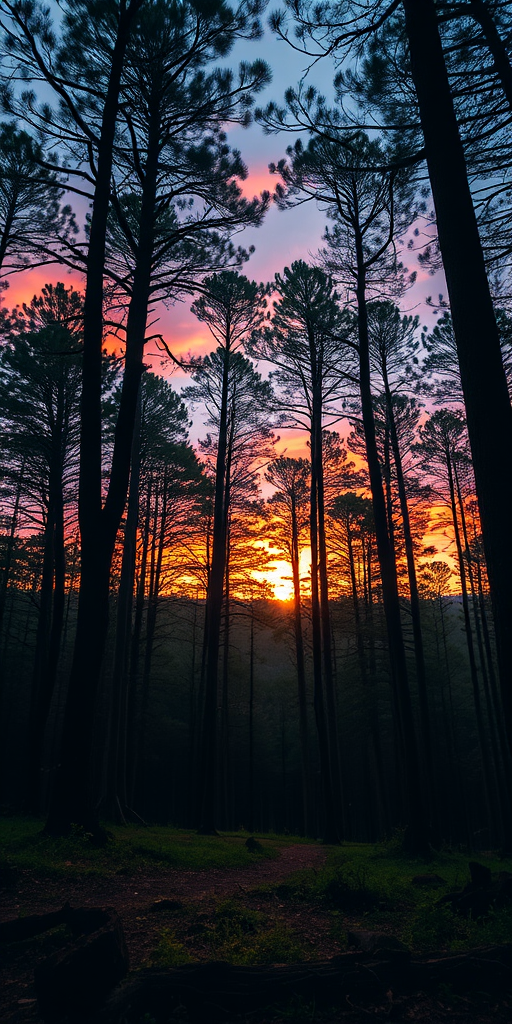 Create a high-resolution image of a serene forest landscape at sunset, with vibrant colors in the sky and sunlight filtering through the trees, using a Canon EOS R5 with a 24-70mm f/2.8 lens, aperture at f/11, ISO 100, shutter speed at 1/125s, shot from a low angle to enhance depth and perspective.