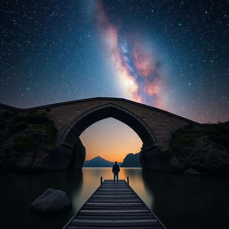 A lone figure stands on a wooden pier beneath a majestic stone bridge that arches against a starry night sky filled with vibrant galaxies and a radiant beam of light illuminating the scene, captured with a Canon EOS R5, 24mm lens, f/2.8, ISO 100, 30-second exposure for enhanced detail and depth in low light.