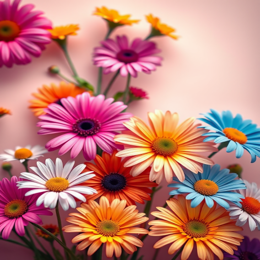 Create a vibrant, colorful illustration of various flowers including daisies in shades of pink, yellow, orange, and blue against a soft pastel background, captured with a DSLR camera using a 50mm lens, f/2.8 aperture, ISO 100, and a shallow depth of field to enhance details and texture.
