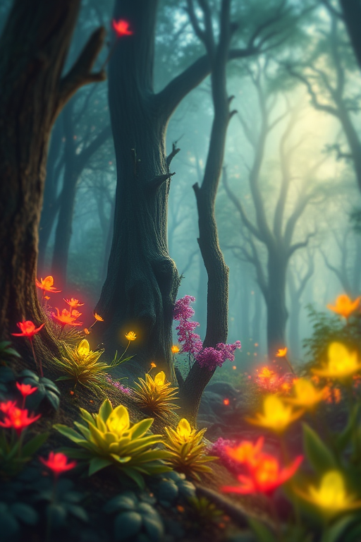 highly detailed illustration of a mystical forest with luminous plants, soft focus, vibrant colors, HDR, ISO 200, f/2.8, 1/60s, wide-angle lens, DSLR camera, daylight setting
