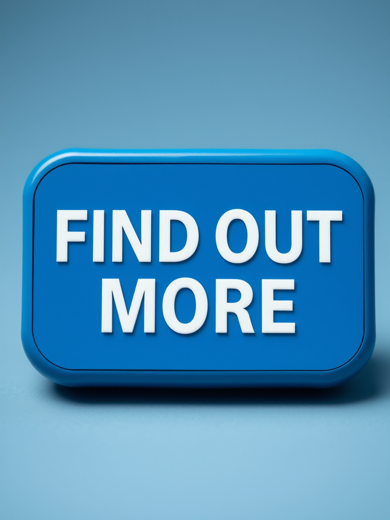 Create a high-quality image of a blue rectangular button with white bold text "FIND OUT MORE" centered on it, using a Canon EOS R5 camera with an aperture of f/2.8, ISO 100, and a focal length of 50mm, in a front view with soft lighting to enhance clarity and contrast.