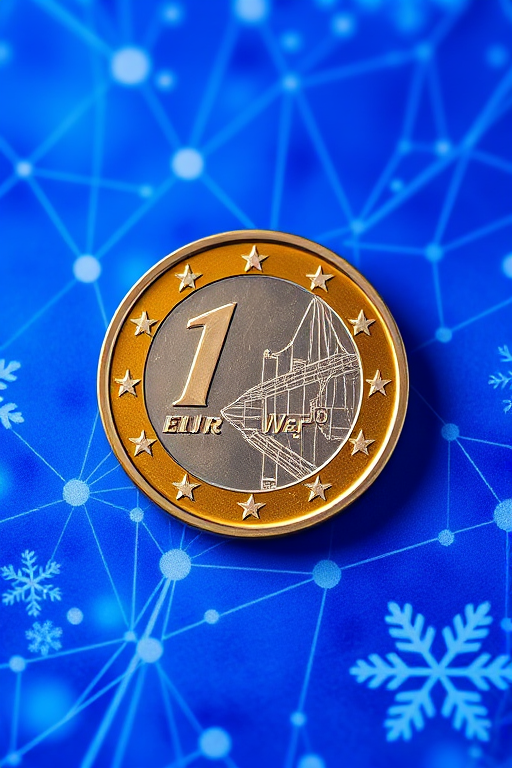 Create a high-resolution digital image of a one euro coin centered against a vibrant blue background with abstract network patterns and snowflake designs, captured in macro style with a DSLR camera at f/2.8, 1/200s, ISO 100, using a 100mm lens for sharp detail and clarity.