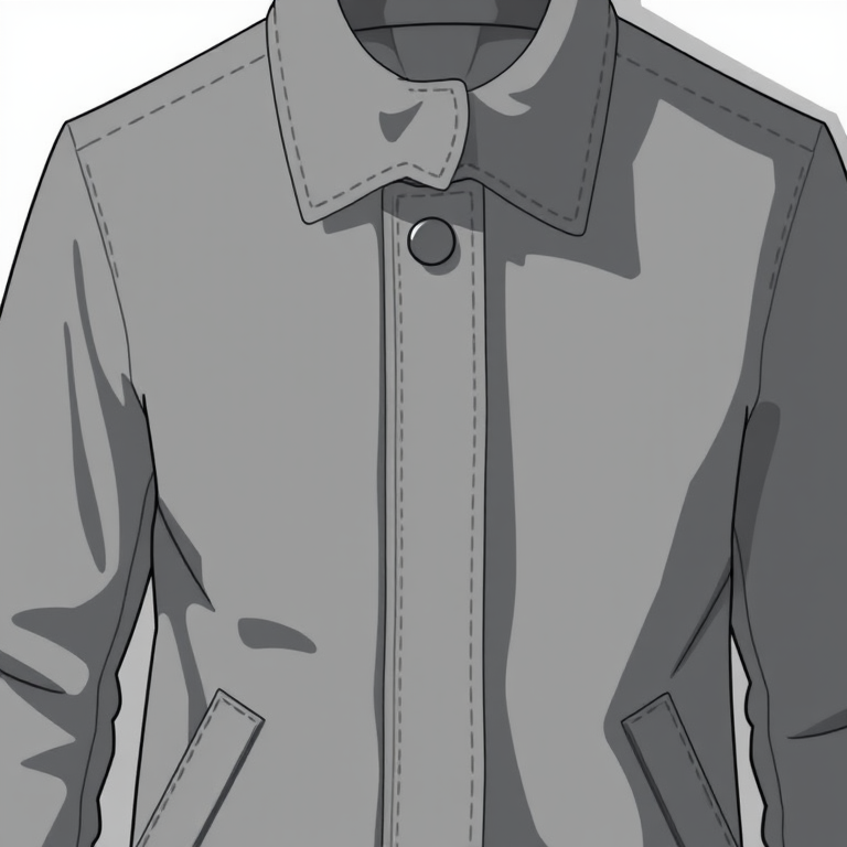 Generate a high-resolution illustration of a gray jacket with a high collar and snap buttons, using a DSLR camera with a 50mm lens, aperture f/2.8, ISO 100, in bright daylight, top-down view, and a subtle drop shadow for depth.