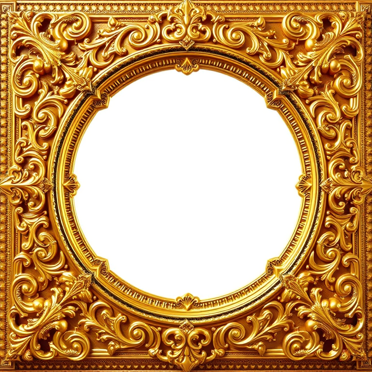 Create a highly detailed ornate golden frame with intricate patterns and textures, centered in the image, using a DSLR camera with a 50mm lens at f/1.8, ISO 100, 1/125 sec exposure, taken from a frontal view with soft natural lighting to enhance the brilliance of the gold.