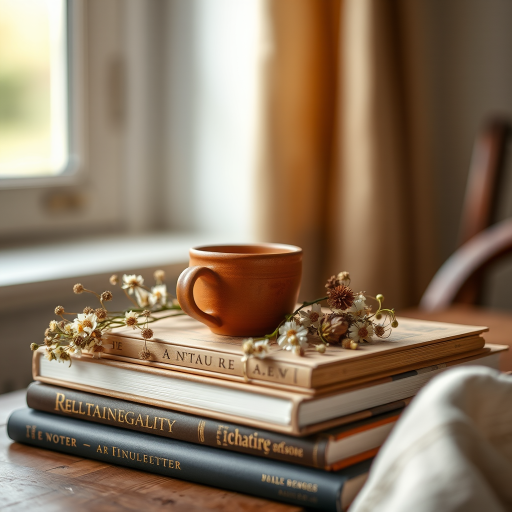 capture a cozy tabletop scene featuring a clay cup, dried flowers on a stack of books, soft natural light from a window, aperture f/2.8, shutter speed 1/60s, ISO 200, shallow depth of field, macro lens, DSLR camera, soft focus background