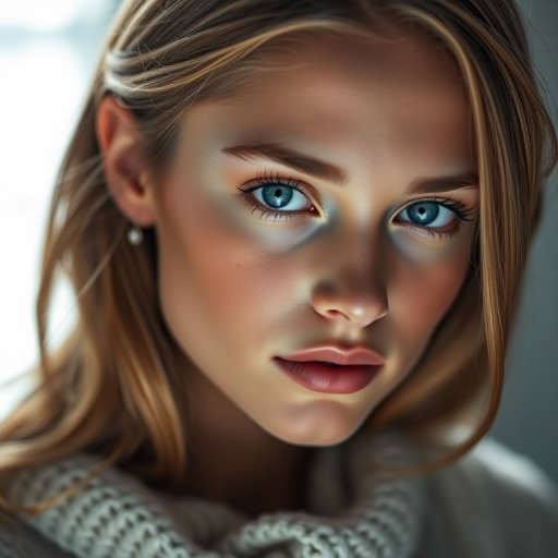 portrait of a young woman with striking blue eyes and soft features, illuminated by dramatic lighting, captured with a Canon EOS R5, 85mm f/1.4 lens, ISO 100, aperture f/2.0, 1/125 sec shutter speed, in a studio setting with a soft focus background, highlighting her delicate expression and textures of her skin and fabric.