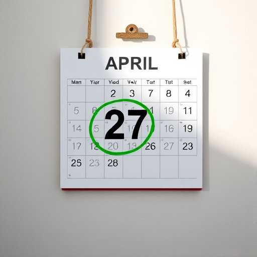 Create an image of a wall calendar showing the month of April, with the date 27 circled in green, shot with a Canon EOS 90D, 50mm lens, f/2.8 aperture, ISO 100, natural lighting, slight top-down angle for clarity.