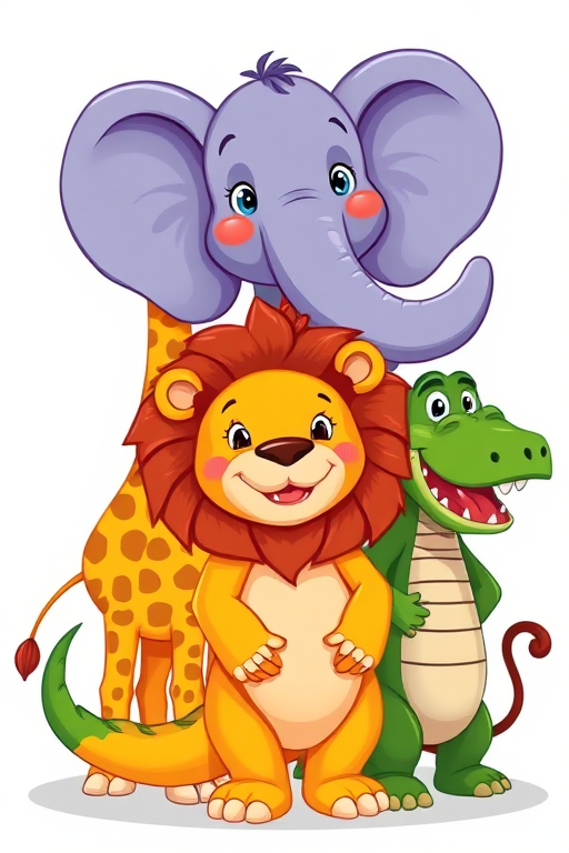 Create a vibrant illustration of a cartoon elephant, giraffe, lion, crocodile, and monkey all standing together in a colorful, playful style, using a DSLR camera with a 50mm lens at f/2.8, ISO 100, and a wide angle view to enhance clarity and detail.