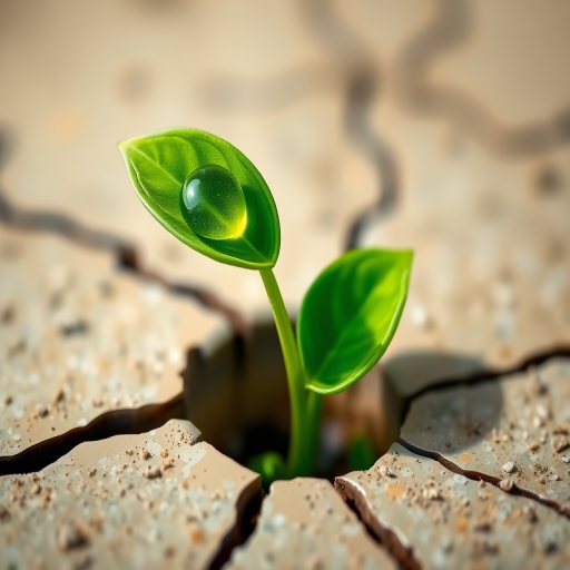 Create a vibrant illustration of a small green plant with two large leaves and a single water droplet on one leaf, emerging from a cracked surface, captured in a close-up view with a macro lens, f/2.8 aperture, 1/200 sec shutter speed, and ISO 100 for sharp details and rich colors.
