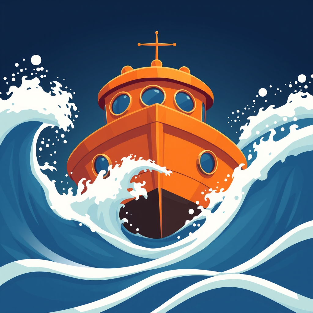 Create a high-resolution illustration of an orange boat with circular windows navigating through stylized waves, captured from a low angle using a DSLR camera with a focal length of 50mm, aperture set to f/8, ISO 100, and a shallow depth of field for enhanced image quality.