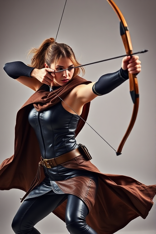 Create a dynamic action shot of a female archer in mid-motion, wearing a dark leather outfit with a flowing brown cape, holding a bow and aiming, captured with a Canon EOS R5, 50mm lens, aperture f/1.8, shutter speed 1/500s, ISO 200, in a studio setting with a soft light backdrop to enhance details and textures.