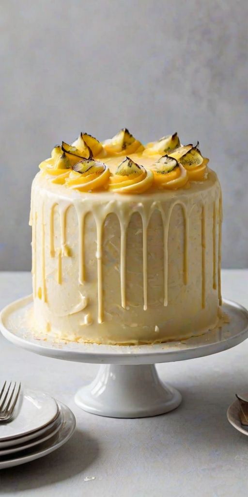 Create an image of a beautifully layered cake with a light yellow frosting. The cake should be decorated with swirls of cream on top and a glossy passion fruit glaze. The sides should be covered in shredded coconut, giving it a textured appearance. Place the cake on a simple white cake stand and add a soft, bright background to enhance its appeal.