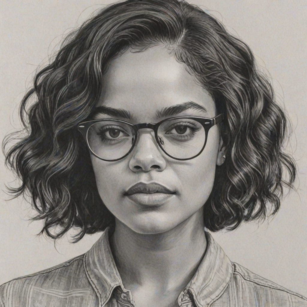 Charming Tessa Thompson, pencil sketch, portrait of Comely woman 1963s in glasses, hair style beatnik, outline, clear lines, fine lines, 8k