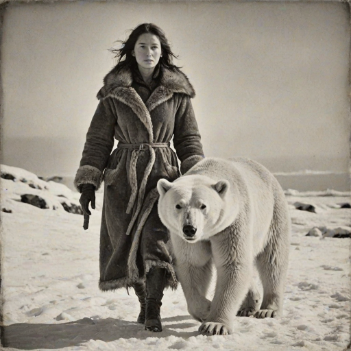 A very old photograph in black and white. The photo is badly damaged, faded, with scratches, tears, smudges and dirt. The photo is ultra-realistic and very detailed. It's a picture of an Arctic warrior. She is walking serenely towards the camera. At her side walks a majestic polar bear. Its fur shines in the sunlight. Snow, ice, sea. wind. snow in the air.