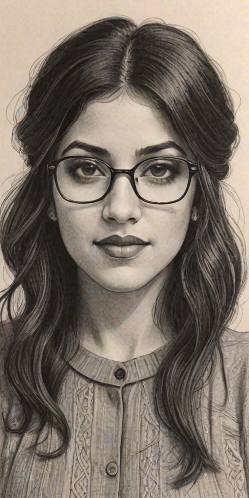 Alluring Stephanie Beatriz, pencil sketch, portrait of Enchanting woman 1922s in glasses, hair style beatnik, outline, clear lines, fine lines, 8k