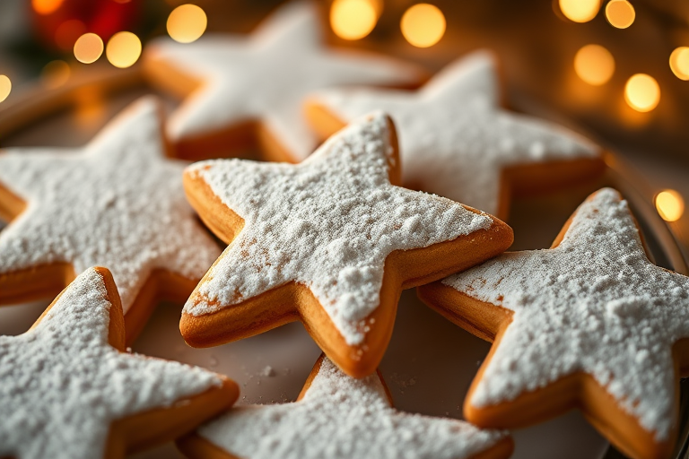 A close-up shot of festive star-shaped cookies dusted with powdered sugar and surrounded by soft bokeh lights, captured with a Canon EOS R5, 50mm lens, aperture f/1.8, ISO 200, shutter speed 1/60s, taken from a high-angle view for a warm, cozy atmosphere.