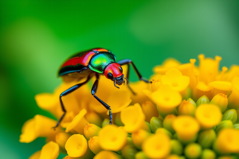 macro shot of a colorful beetle perched on vibrant yellow and green flowers, shallow depth of field, ISO 100, f/2.8, 1/200s, 60mm lens, natural light, DSLR camera