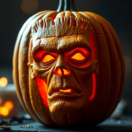 a pumpkin intricately carved in the face of a classic horror monster [Frankenstein] 3d, ultra-realistic, highly detailed, dramatic lighting, bokeh