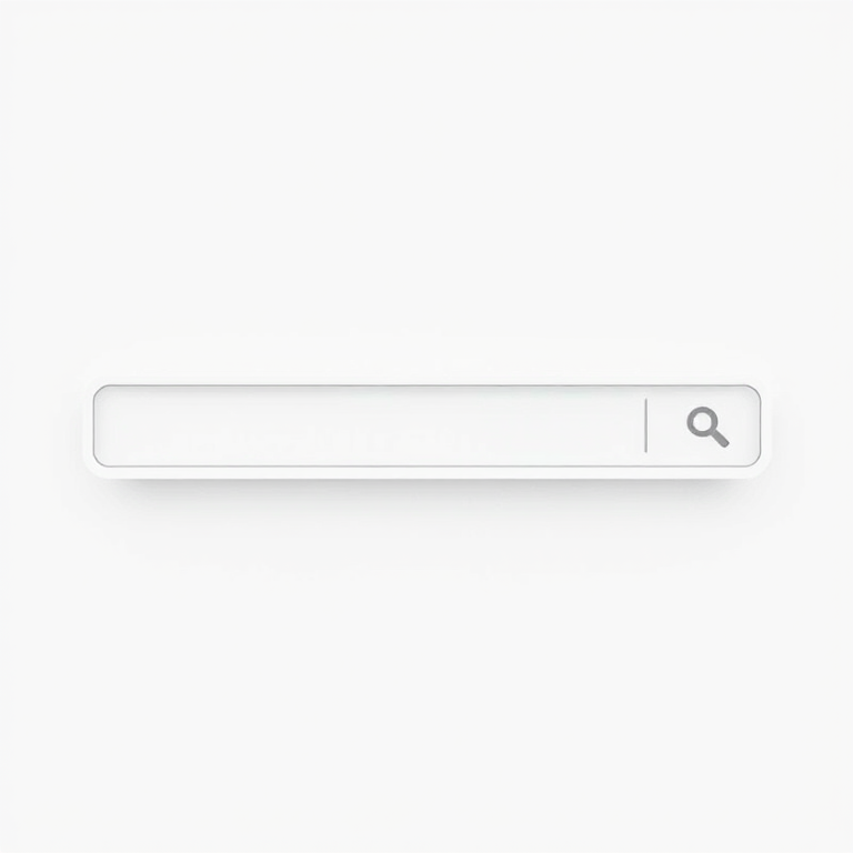 Create a high-resolution image of a search bar on a clean white background, using a DSLR camera with a 50mm lens, aperture set to f/1.8, shutter speed of 1/100 sec, and ISO 100, with a soft focus on the search bar to enhance depth.