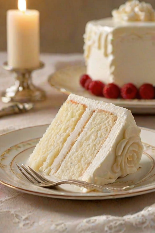 Create an image of a slice of white cake with creamy frosting on a decorative plate. The background should be softly blurred to create a warm and inviting atmosphere. Include subtle details like a vintage fork and soft lighting to enhance the dessert's appeal.