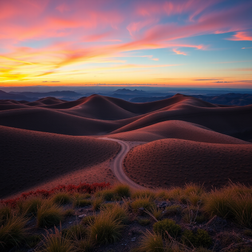 Create a high-resolution image of a serene landscape with rolling hills and a vibrant sunset sky, shot with a Canon EOS R5 at f/8, ISO 100, 24mm focal length, using a wide-angle lens for a panoramic view.