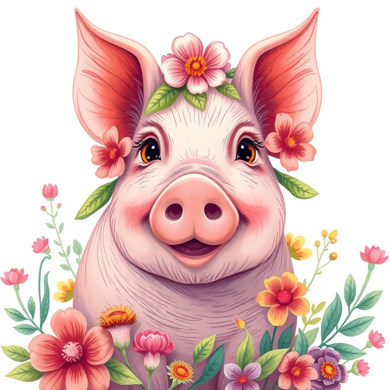 Create a vibrant illustration of a pig adorned with flowers and leaves in a whimsical style, using a soft pastel color palette, shot with a Canon EOS R5 at f/2.8, 35mm lens, ISO 200, natural light, focus on vibrant detail and color contrast, enhancing the overall composition and clarity.