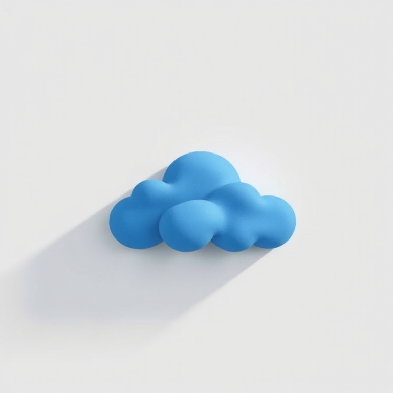 Create a minimalist illustration of a blue cloud on a light gray background with a long shadow, using a 50mm lens, aperture f/2.8, ISO 100, daylight balanced lighting, digital art style, and high resolution for clarity.