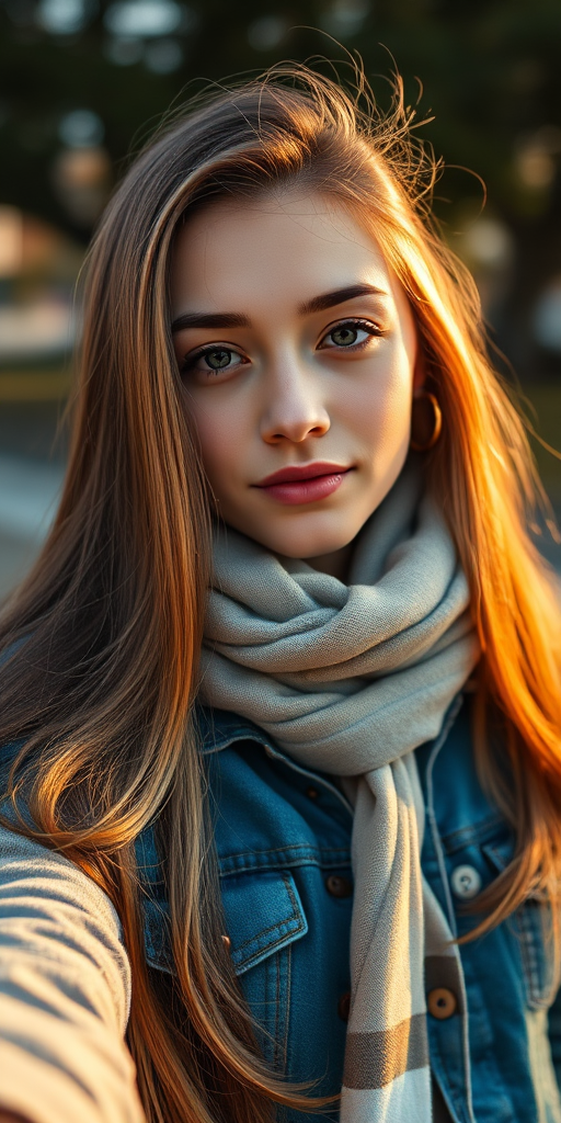 portrait of a young woman with long hair wearing a denim jacket and scarf, soft natural lighting, 50mm lens, f/1.8 aperture, ISO 100, shallow depth of field, captured from eye level with a DSLR camera, golden hour for warm tones