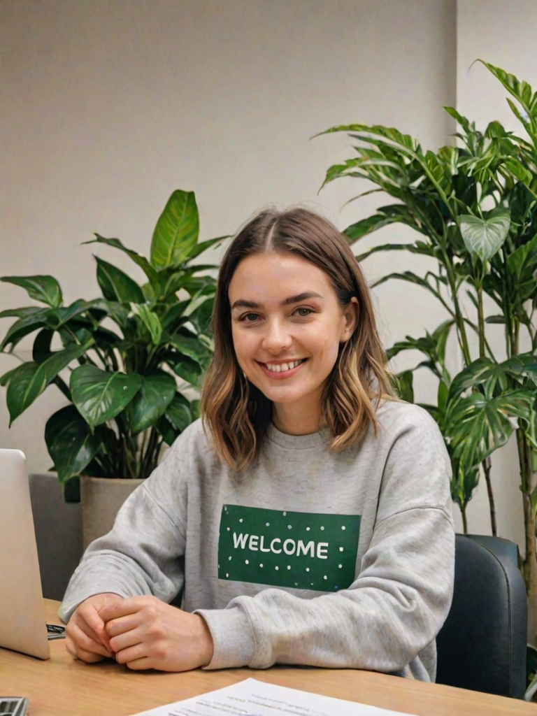 Instagram photo of a woman sitting at a table wearing a light grey sweatshirt with green polka-dots on it, holding a sign that has the writing "Welcome to FLUX!!" written on it. She is looking at the camera with a slight smile and in the background are some office plants on either side of her out of focus