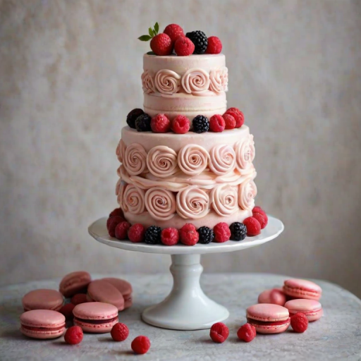 Create an image of a three-tiered cake. The bottom tier should be decorated with a rich berry color, adorned with fresh raspberries, blackberries, and cherries. The middle tier should be a lighter shade, topped with an assortment of macarons in shades of pink and red, along with more berries. The top tier should be white, elegantly finished with additional macarons and a few decorative swirls of icing. The overall look should be vibrant and inviting, with a focus on a rich, fruity theme.