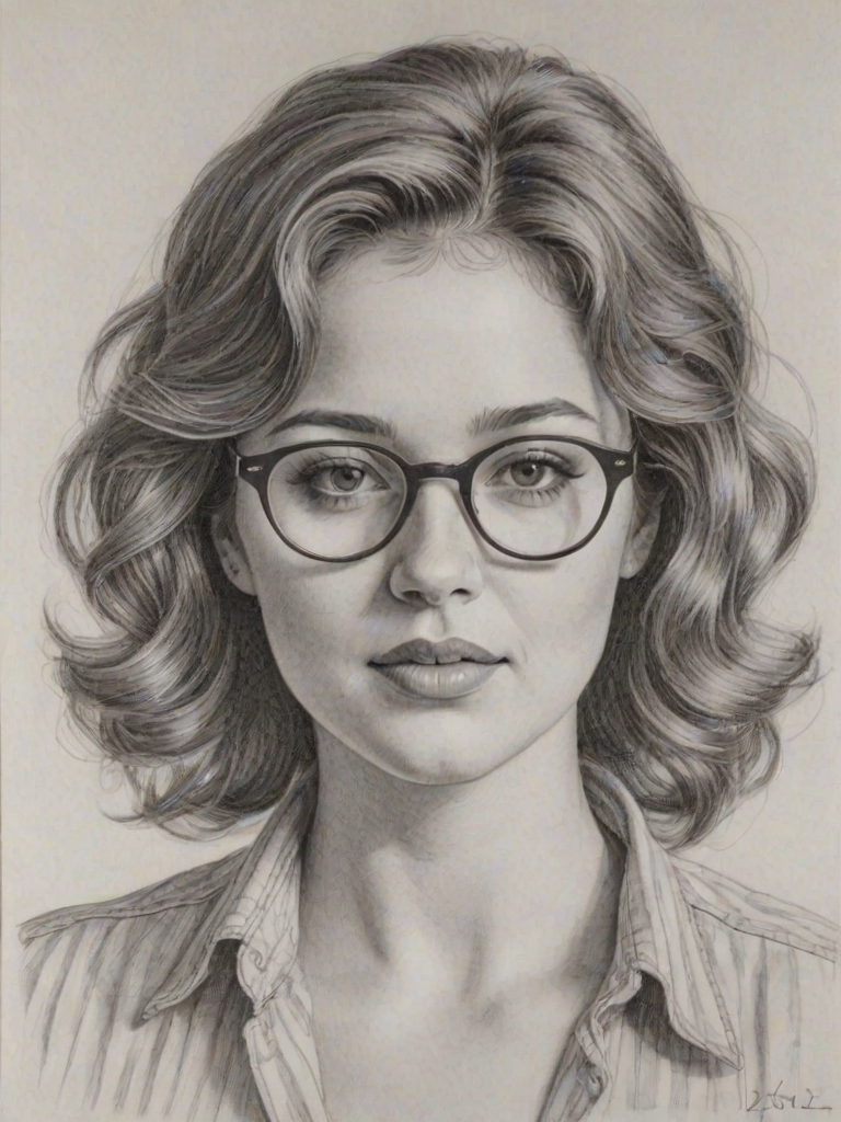 Enticing Kether Donohue, pencil sketch, portrait of Comely woman 1978s in glasses, hair style beatnik, outline, clear lines, fine lines, 8k