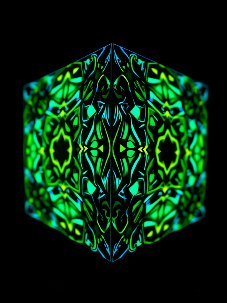 Generate a highly detailed 3D cube with intricate, vibrant geometric patterns in neon green, blue, and yellow against a black background, shot with a DSLR camera at f/8, ISO 200, 1/60s, in a wide-angle view with soft lighting for enhanced texture and depth.